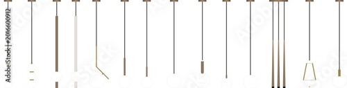 Obraz na plátně Technical drawing and 2D CAD blocks of various modern pendant lights and hanging lamps featuring minimalist globe, cylinder, and linear designs