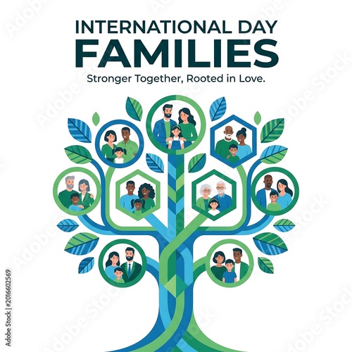 International Day of Families illustration with family tree and interconnected people symbols symbolizing unity and love