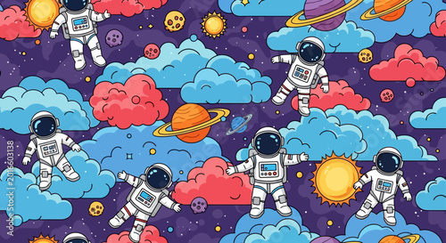 cute astronauts floating in space among clouds and planets seamless pattern
