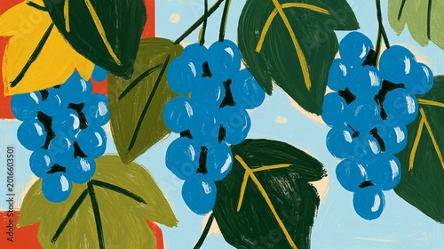 blue grape clusters with painterly mediterranean fruit market aesthetic