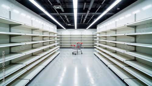 Empty supermarket aisle with empty shelves and lone shopping cart in modern retail space, Black Friday  