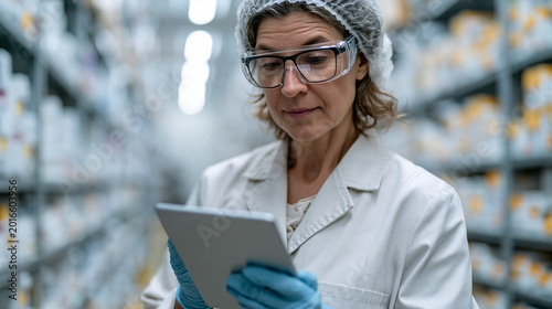 Efficiency in Logistics: A focused worker, clad in protective gear, meticulously reviews data on a digital tablet amidst rows of goods, representing the essence of streamlined logistics.