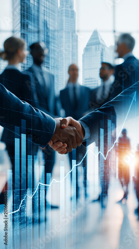Business Deal and Growth: A close-up of two individuals shaking hands to seal a business deal, with a subtle overlay of financial growth graphs, signifying expansion and strategic partnership.