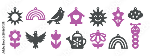 Tableau sur toile Set of spring designs for earrings, pendant or keychain with sun, birds, rainbow, flowers