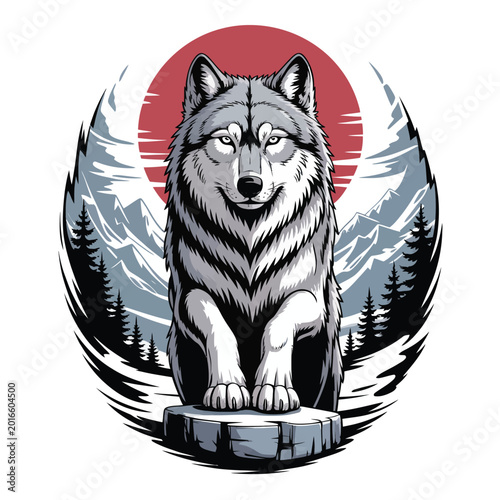 Quadro em tela Gray wolf sitting on a stump.