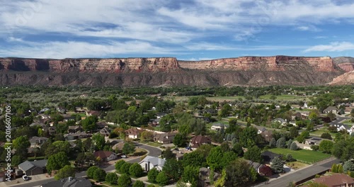 Aerial of Colorado National Monument with Redlands neighborhood in Grand Junction in spring