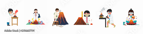 Schilderij op canvas A collection of six diverse children in lab coats conducting volcano science experiments, featuring erupting models, tools like magnifying glasses, and rulers