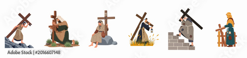 Fotografie Collection of diverse people in historical biblical clothing carrying wooden crosses, representing various stages of faith, spiritual devotion, and personal sacrifice