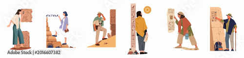 Foto Set of archaeologists and researchers examining ancient Egyptian ruins, hieroglyphs, and artifacts in a flat vector style isolated on white