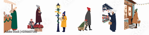 Konstfotografi Flat illustration set of women participating in various winter activities at a festive Christmas market, shopping for gifts, trees, and holiday decorations