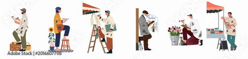 Foto Set of various artists and illustrators sketching in public outdoor spaces, including markets and flower stalls, in a flat vector illustration style