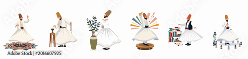 Quadro su tela Collection of Sufi Whirling Dervish illustrations depicting various cultural and spiritual scenes, including dancing, praying, and reading, on a plain white background