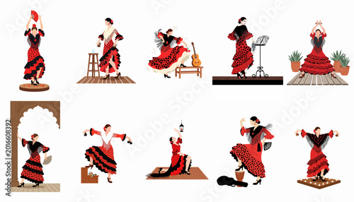 Bild auf Leinwand Diverse illustrations of traditional Spanish flamenco dancers in expressive poses wearing vibrant red and black polka-dot dresses