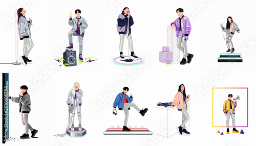 Foto Diverse set of flat vector illustrations featuring K-pop style musical artists in fashionable outfits posing with microphones, speakers, and stage equipment