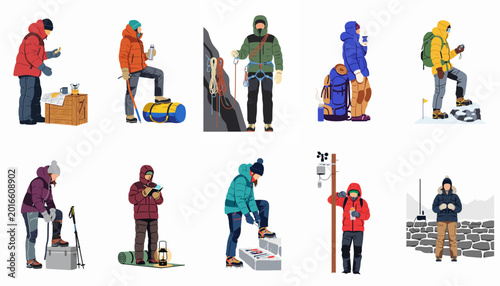 Bild auf Leinwand Set of mountaineers and explorers in winter clothing performing various outdoor activities like climbing, camping, and mapping