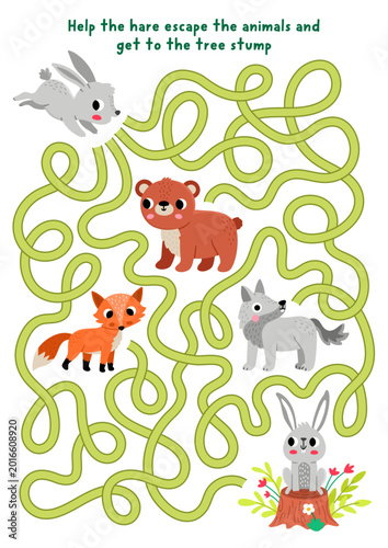 Forest animals maze for children with rabbit escaping animals, searching way to tree stump. Simple labyrinth game. Woodland printable activity, worksheet with fox, bear, wolf, hare