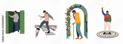 Set of illustrations showing men navigating different types of mazes, symbolizing life's challenges, decision making, problem-solving, and achieving success.