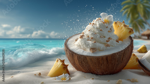 A refreshing coconut shell filled with creamy white ice cream and garnished with pineapple chunks and edible flowers, sitting on a sandy beach with gentle ocean waves.