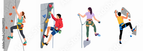 Set of flat vector illustrations of people rock climbing and bouldering on indoor artificial walls with ropes and safety equipment.