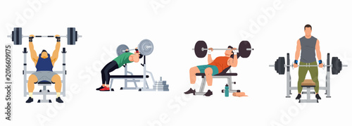 Fotografie Set of flat vector illustrations of a man performing various barbell bench press exercises for gym, fitness, and bodybuilding strength training