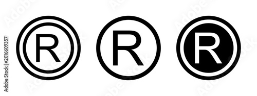 Set of R letters in round frames. Register mark icons isolated on white background. Commercial rights symbols. Brand registration marks for imitation protection. Vector graphic illustration.