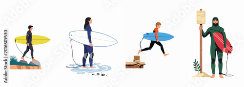Foto Flat vector illustration set of diverse surfers in wetsuits with surfboards in various coastal settings, including men, women, and a child