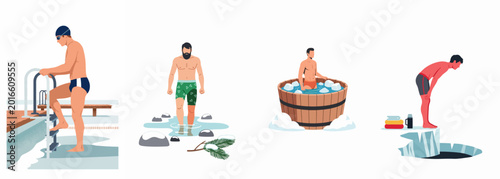 Foto Vector illustration of men participating in various cold water immersion activities like ice baths, winter swimming, and polar plunges for health and recovery