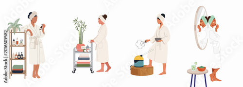 Flat vector illustrations of women in bathrobes engaging in diverse skincare routines and self-care practices in a clean, minimalist home or spa setting.