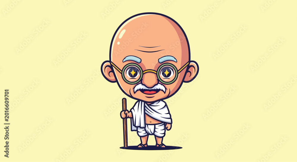 Fototapeta premium Cute Cartoon Mahatma Gandhi Illustration with Staff.