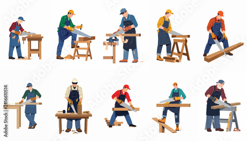 Bild auf Leinwand Collection of vector illustrations featuring various carpenters and woodworkers in aprons using hand saws to cut wood on workbenches and sawhorses