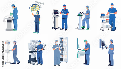 Картината върху платно Flat vector collection of medical professionals and surgeons using modern operating room equipment, technology, and surgical instruments in a hospital setting