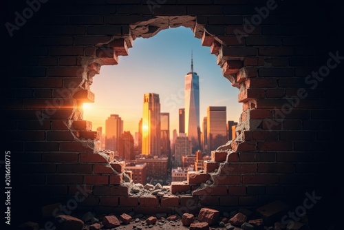 View of modern city skyscrapers through a hole in a brick wall at sunset with skyscrapers, buildings