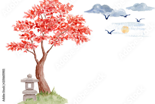 Asian watercolor composition with red maple tree, stone lantern, sun, clouds and flying birds. Japanese zen garden illustration with large copy space for spa, wellness, meditation, oriental background
