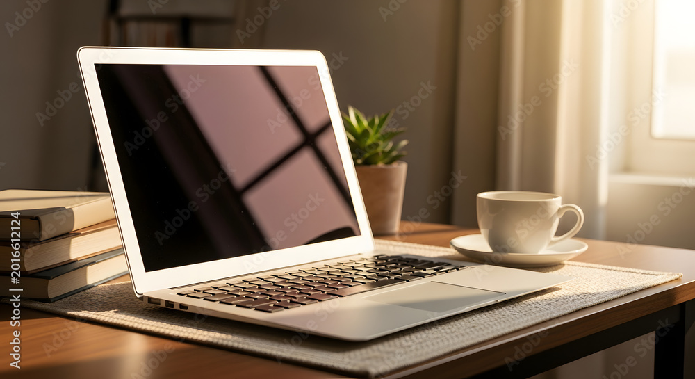 Fototapeta premium Laptop on desk with books coffee and plant