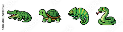 Fotografija Pixel art collection of four cute green reptiles on a white background