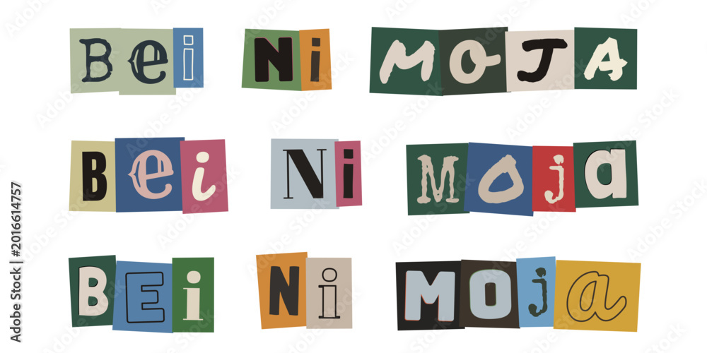 Fototapeta premium Bei Ni Moja. Ransom note style text collage in Swahili language, cut out magazine letters on colorful paper background