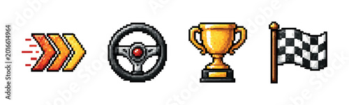 Pixel art racing icons: steering wheel, checkered flag, speed arrows, and trophy