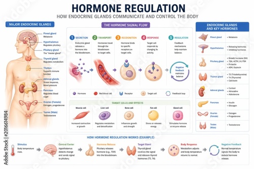 Hormone regulation chart showing endocrine gland anatomy, signal flow, and target cell interaction. Educational medical infographic for anatomy study, biology classroom, and healthcare science