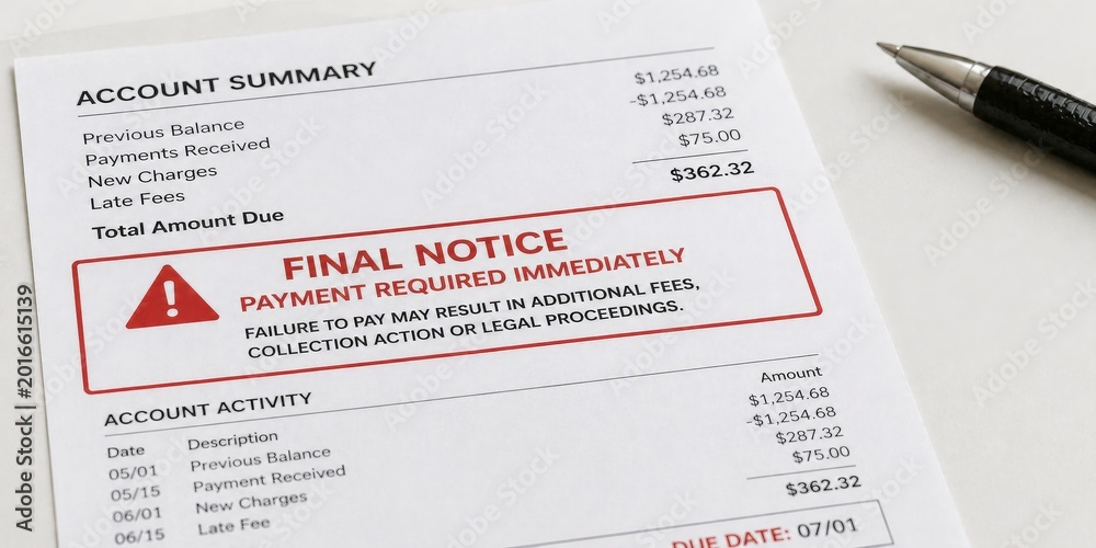 Obraz premium Final notice bill with payment required immediately. Account summary document with balance due. banner, copy space