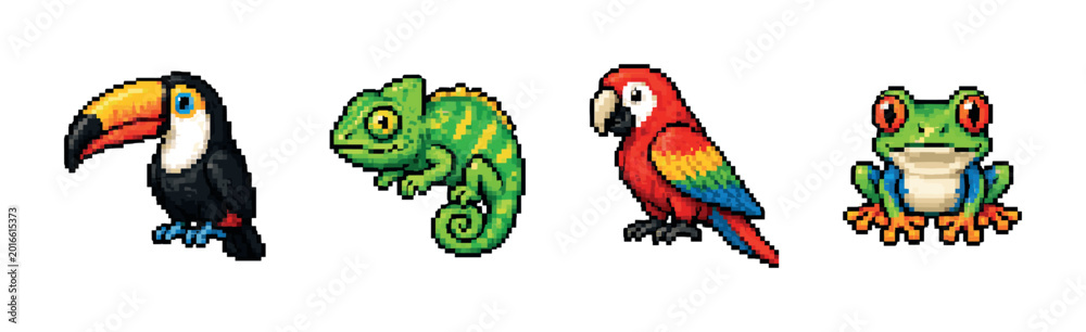 Obraz premium Pixel art collection of tropical animals including a toucan, parrot, chameleon, and frog
