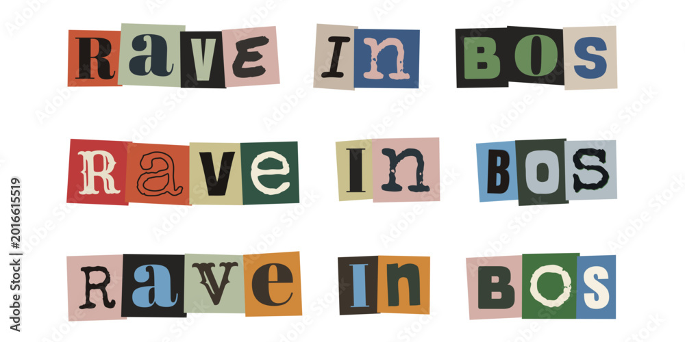 Fototapeta premium RAVE IN BOS. Dutch text collage design with ransom note style typography for forest party and music festival posters