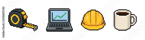 Pixel art icons for construction, business, and coffee break