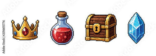 Foto Pixel art game assets: potion, treasure chest, crown, and crystal