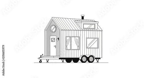 Bild auf Leinwand Minimalist Tiny House on Wheels Line Art Illustration - Mobile Home Sketch for S
