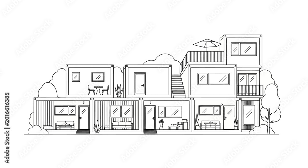Naklejka premium Sustainable Modern Modular Shipping Container House Line Art Illustration - Eco-Friendly Architecture and Tiny Home Design