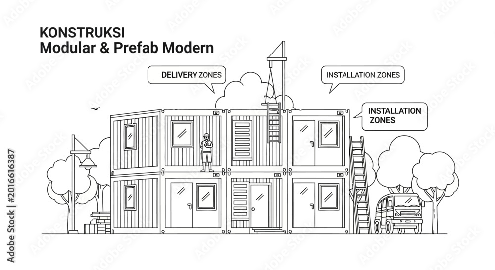 Fototapeta premium Modern Modular and Prefabricated Construction Line Art Illustration with Shipping Container Homes, Delivery Zones, and Installation Site Concept