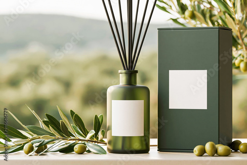 Reed diffuser with minimalist box with blank label displayed beside olive branches and fresh olives in a serene natural setting