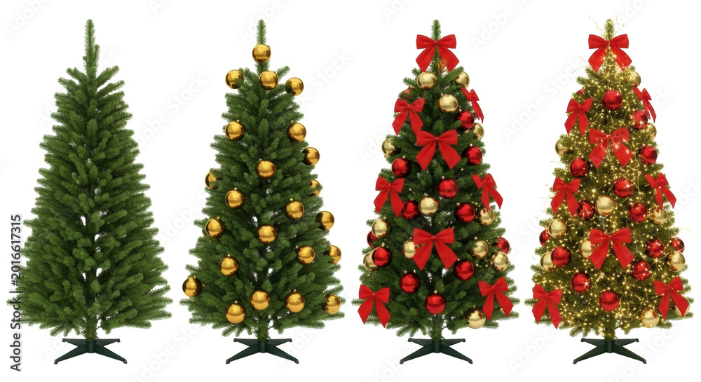 Fototapeta premium Four distinct green Christmas trees, bare to fully decorated with golden & red baubles, festive bows, twinkling LED lights, on transparent studio background. Holiday preparation concept