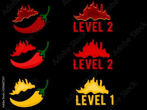 A collection of red chili illustrations. Hand-drawn red chilies. Vector icons with levels.