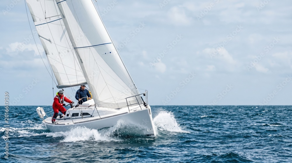 Fototapeta premium Two Caucasian Men Sailing A Modern White Yacht On Open Ocean Waters During A Sunny Day